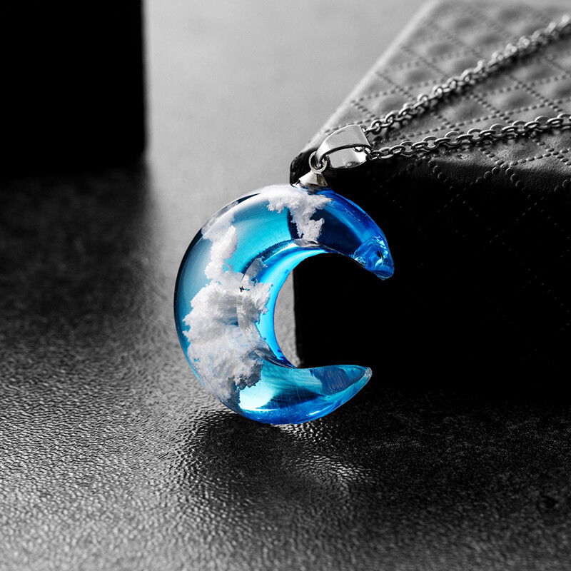 Resin Ball Moon Pendant Necklace Blue 